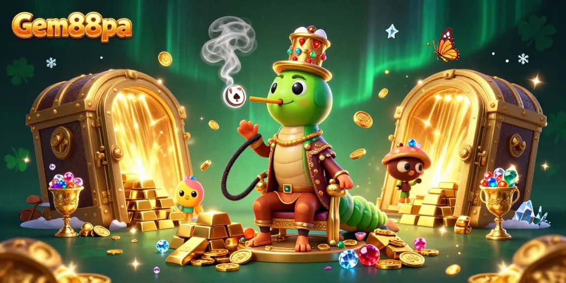 Experience excitement at gem88pa, observing a vibrant 3D casino scene rich with golden treasures and gaming symbols.