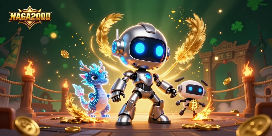 Sketsa permainan NAGA2000 dengan robot futuristik, naga holografik, dan drone di tengah koin emas dan elemen kasino yang hidup.