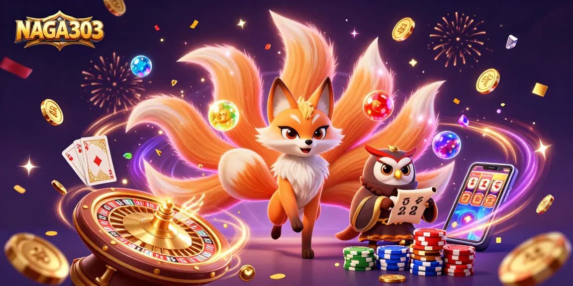 NAGA303 players enjoying a vibrant casino scene with a glowing fox, an owl, and colorful gems.