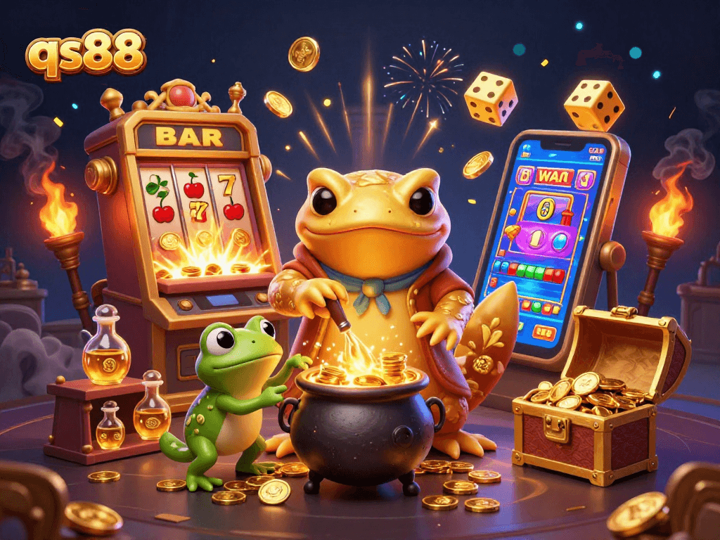 Experience thrilling luck at qs88 with golden alchemist, slot machines, and vibrant casino elements.