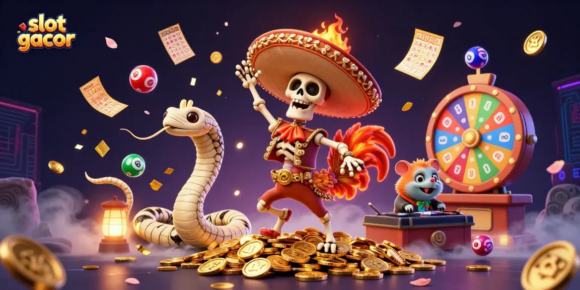 Experience thrilling slot gacor gameplay with vibrant symbols and gold coins raining down in a lively casino scene.