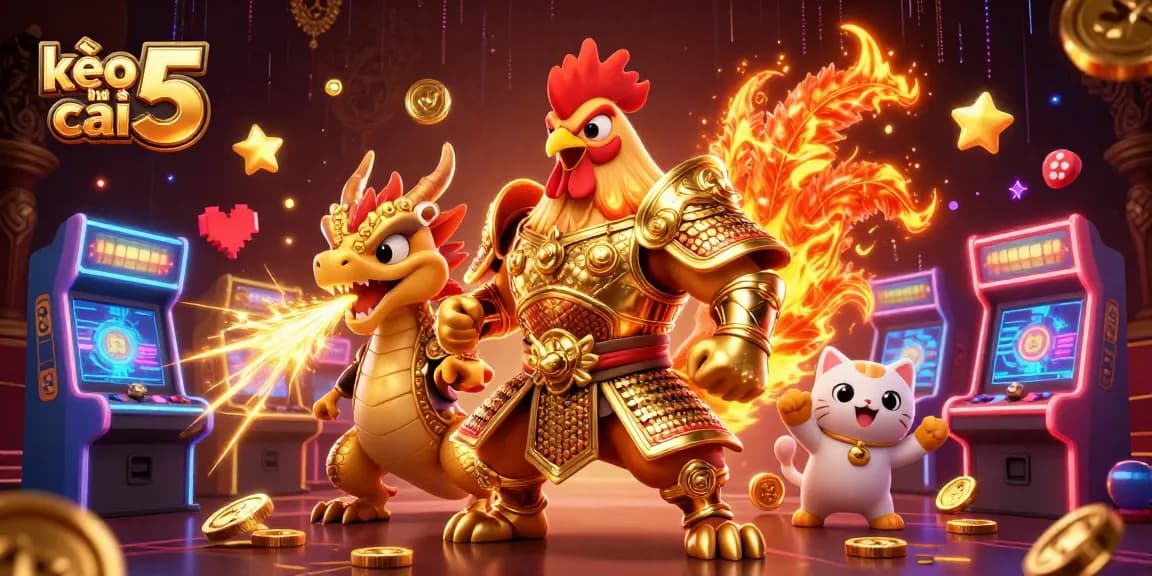 Bet on kèo nhà cái 5 showcasing a dynamic 3D casino scene with a rooster warrior and dragon hatchling.