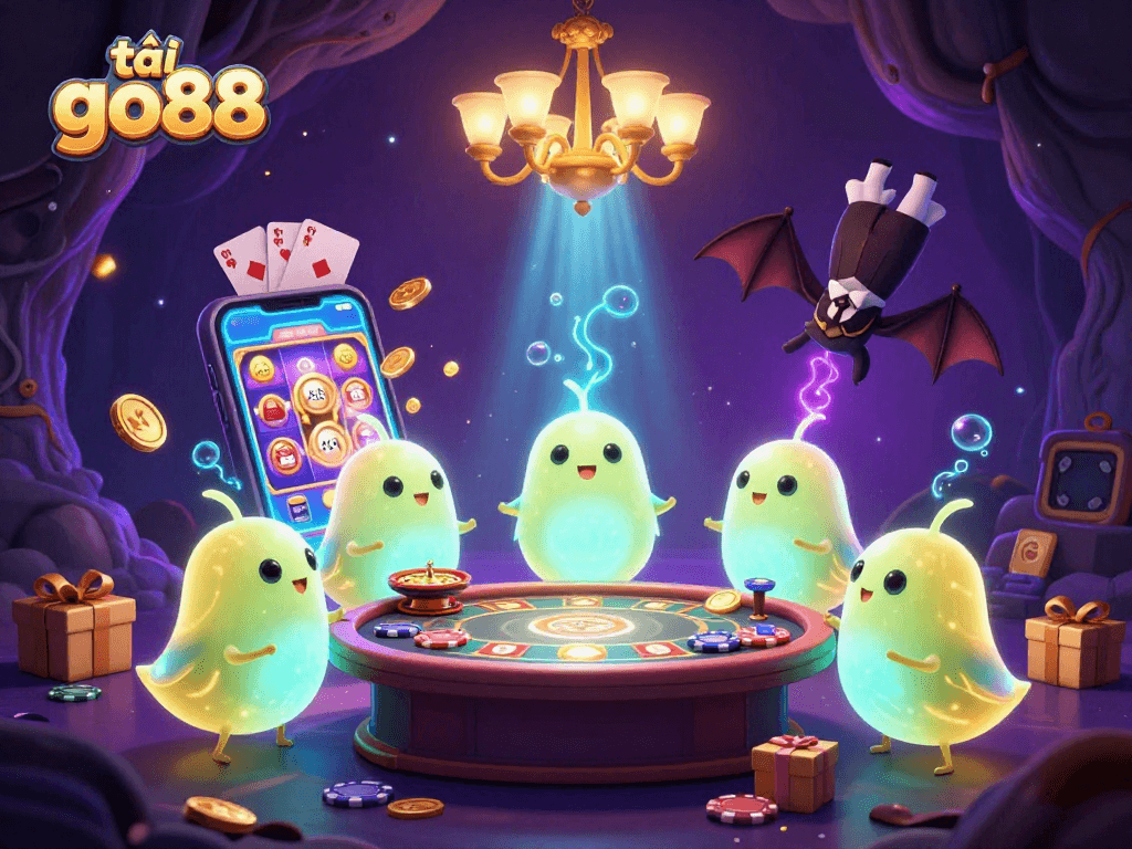 Light up your gaming experience with tải go88 as glowworms illuminate a cave casino scene.