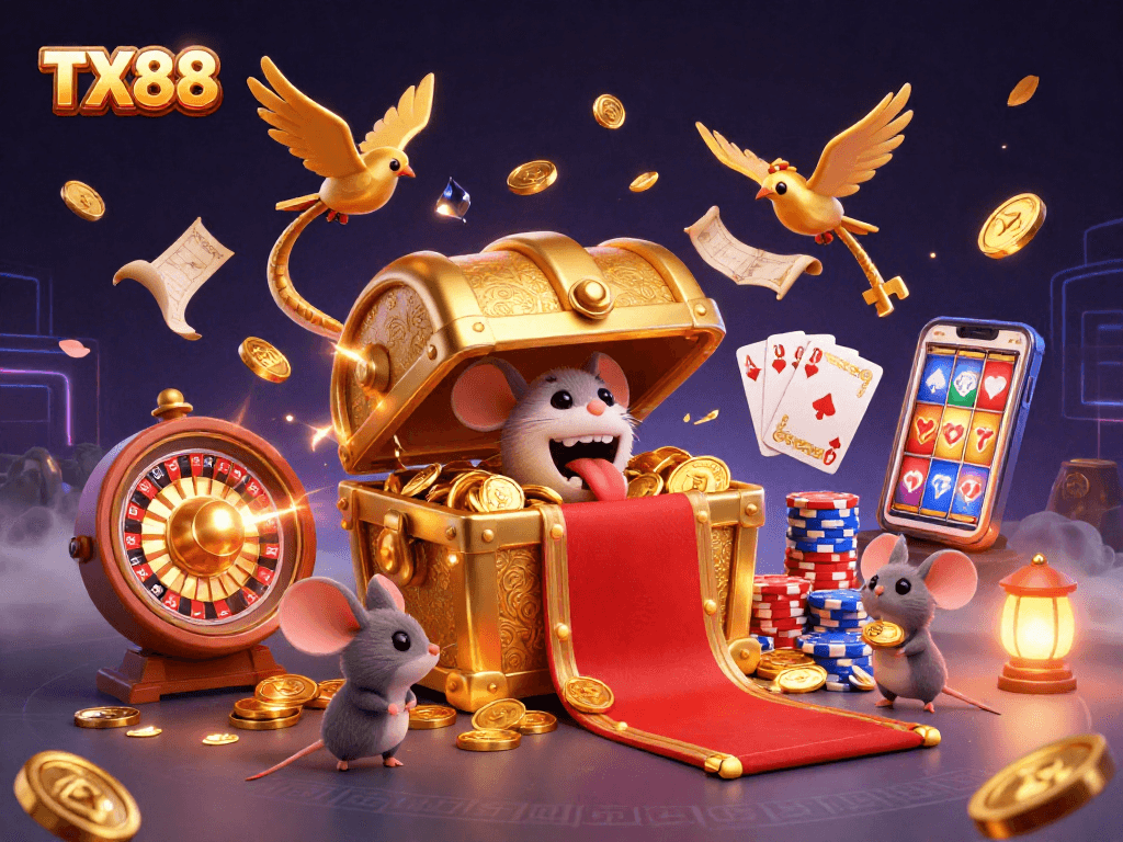 TX88 showcases a vibrant 3D casino scene with treasure and winning elements, enticing players to engage.