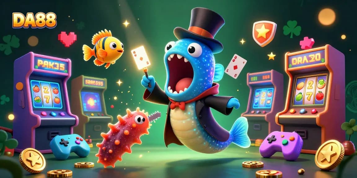 DA88 engages players with vibrant 3D gaming characters and slots in a magical underwater scene.