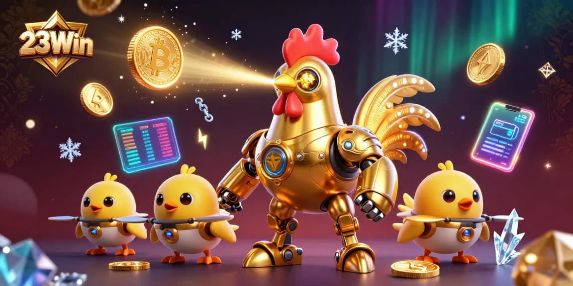 Experience the thrill of 23Win's dynamic gaming scene with vibrant crypto elements and engaging characters.