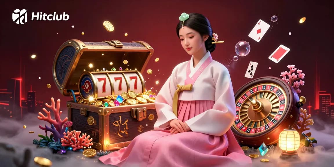 Experience the excitement of Hitclub with vibrant slot reels and a serene Asian character amidst cascading treasure.