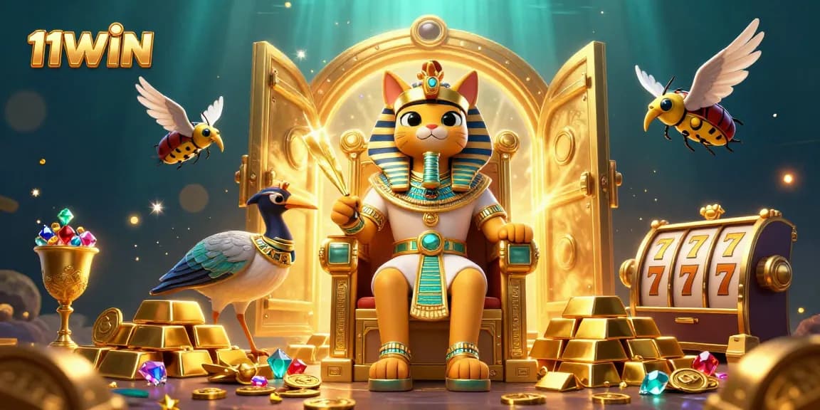 Experience fortune with 11WIN as the Egyptian pharaoh cat rules over gems and jackpots in a vibrant scene.