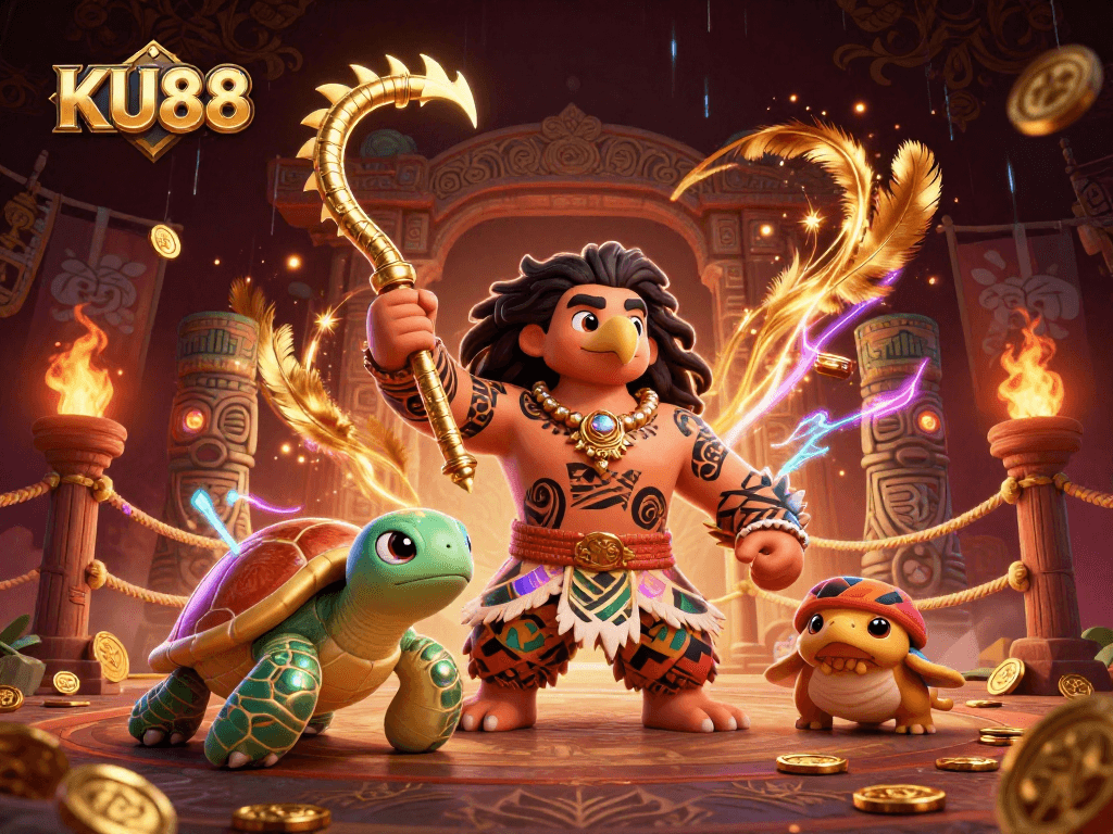 Experience thrilling action at KU88 with a vibrant 3D Polynesian casino scene.