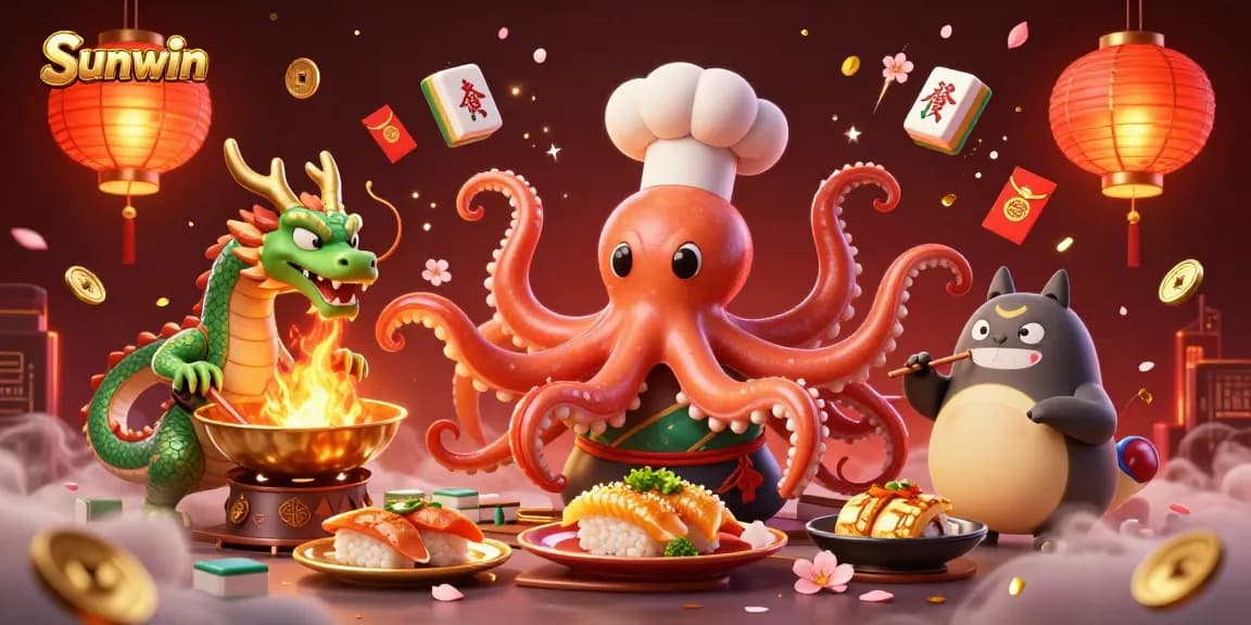 Sunwin showcases vibrant gameplay with an octopus chef and dragon in an exciting casino scene.