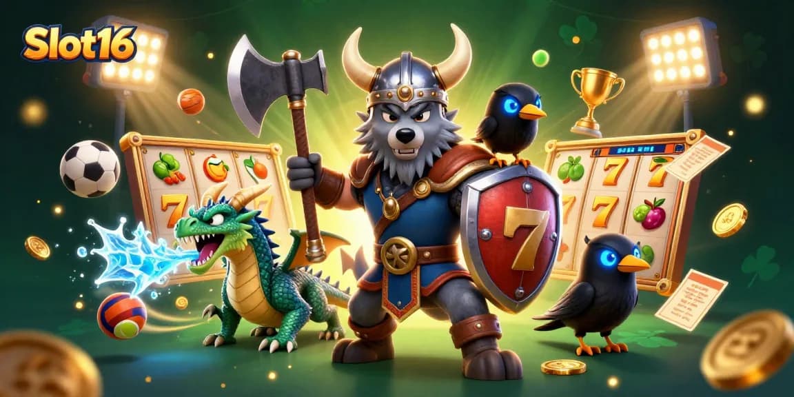 Experience thrilling gaming with Slot16 in a vibrant casino scene filled with alluring prizes.