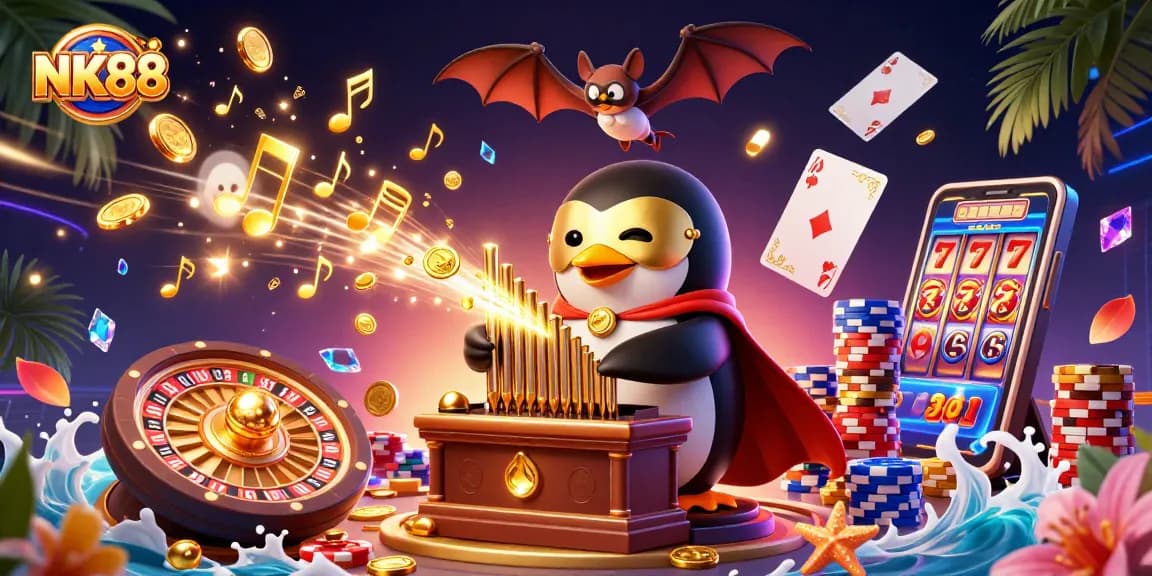 Experience NK88's thrilling gaming atmosphere with vibrant characters and dynamic casino elements.