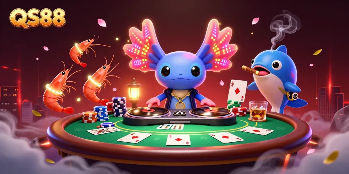 Experience thrilling poker action with QS88's vibrant 3D digital scene, featuring colorful characters and dynamic game elements.