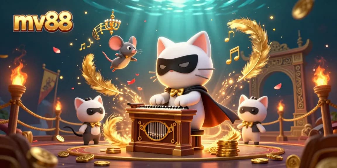 Join the mv88 casino adventure with a mystical cat playing the organ amid golden tokens and enchanting elements.