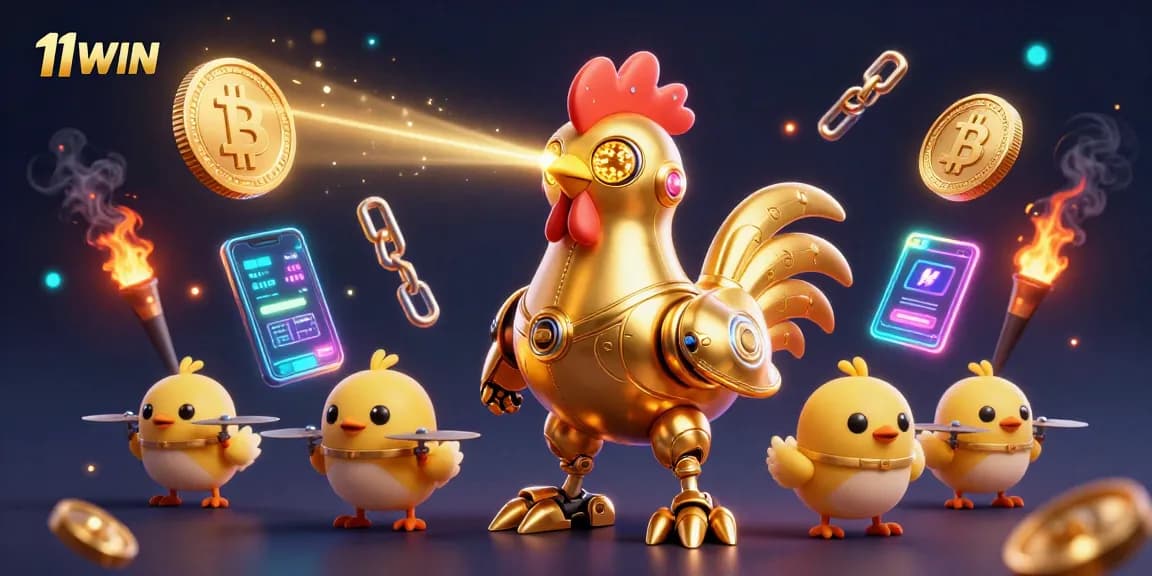 Experience thrilling action with the 11WIN golden rooster robot and crypto elements in this vibrant scene.