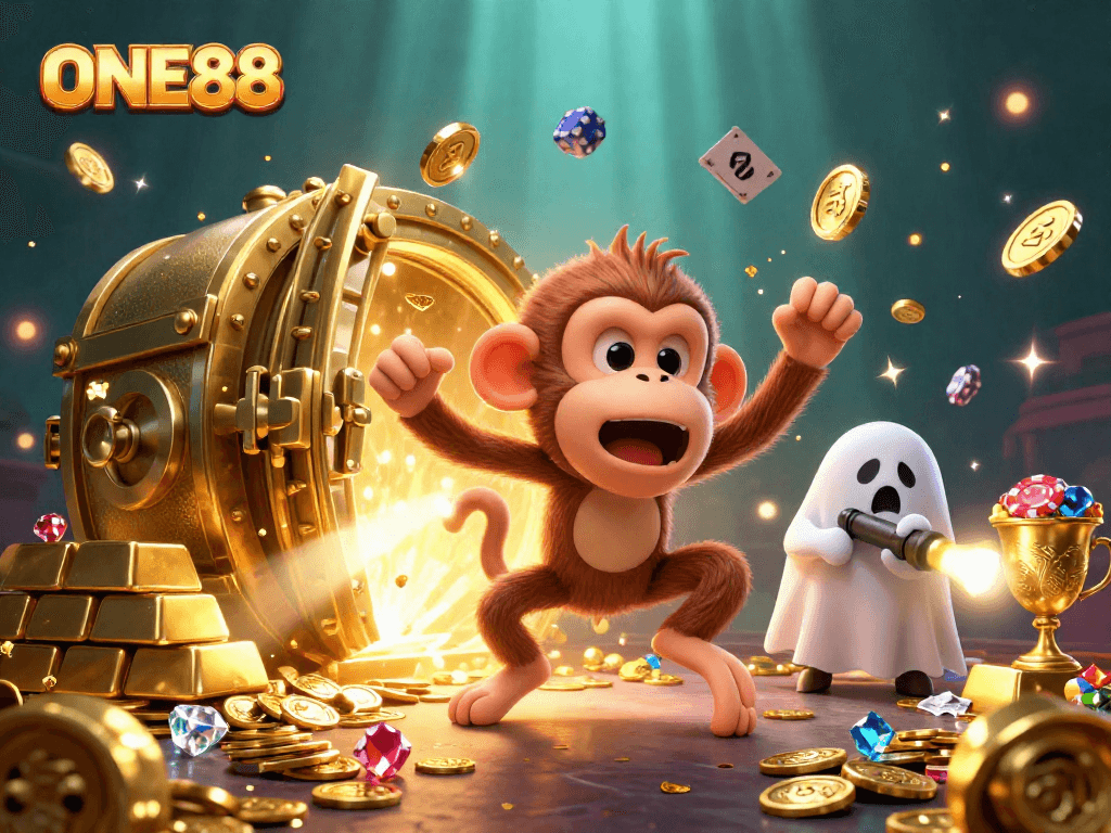 ONE88 showcases a playful ghost-hunter puppy tracking a mischievous poltergeist monkey in a haunted casino.