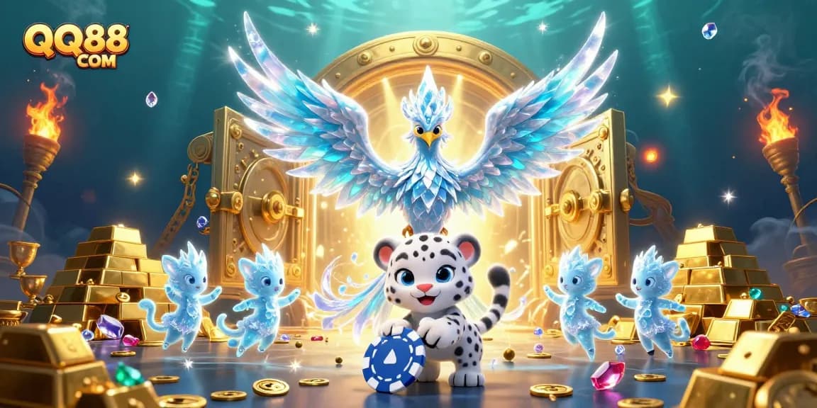 Engage with QQ88 COM's vibrant casino scene featuring a phoenix, ice sprites, and treasures.