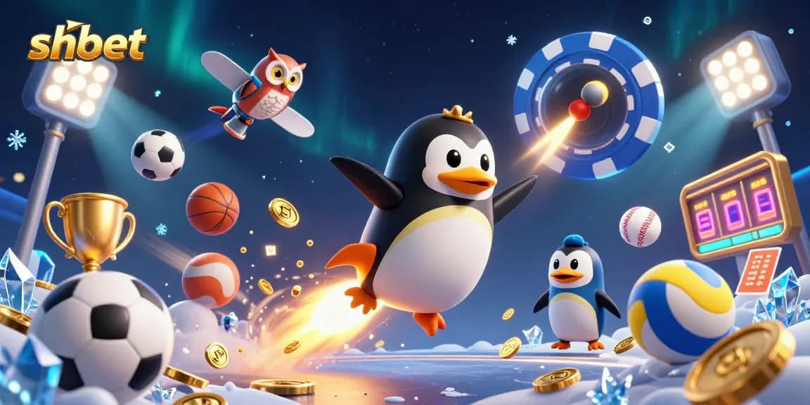Bet on shbet with a golden penguin soaring to a casino chip station amid dynamic sports elements.