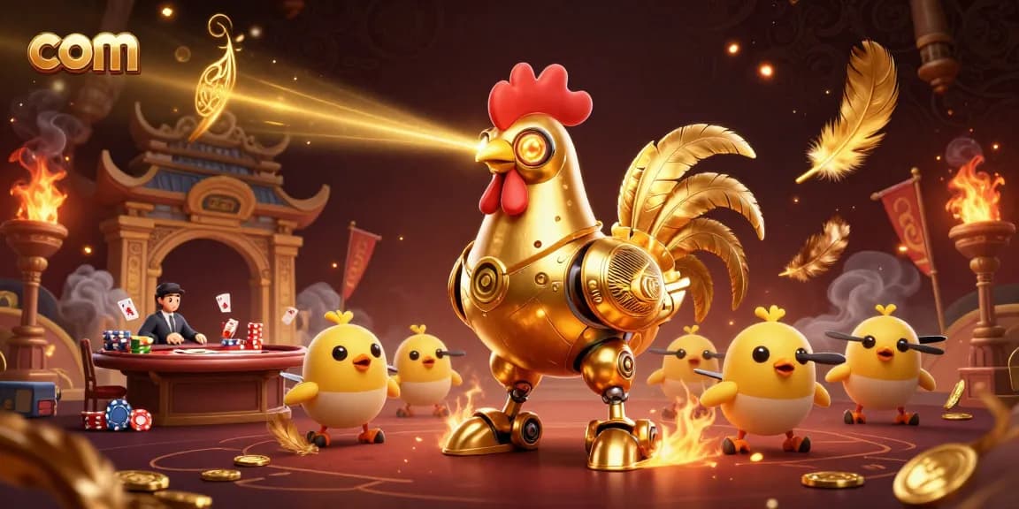 Engage with com poker strategies featuring a futuristic rooster robot and baby chick drones.