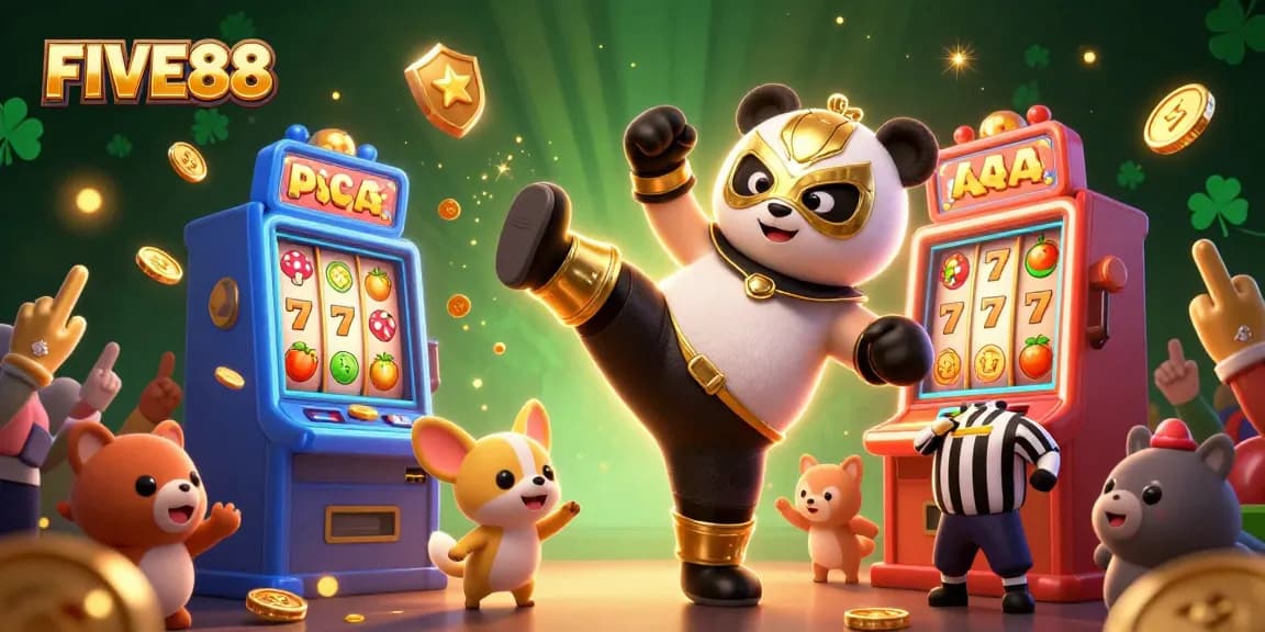 FIVE88 brings excitement with a vibrant 3D illustration showcasing a panda wrestler and gaming elements.