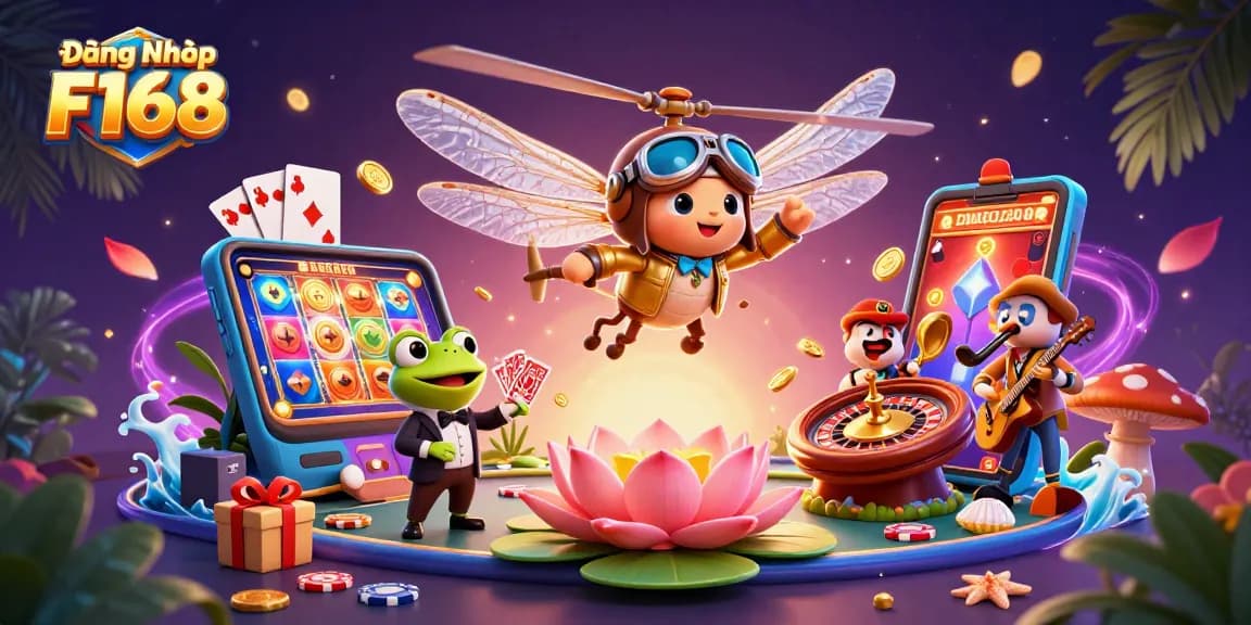Experience the thrill of Đăng Nhập F168 with vibrant casino scenes, exciting gaming elements, and characters.