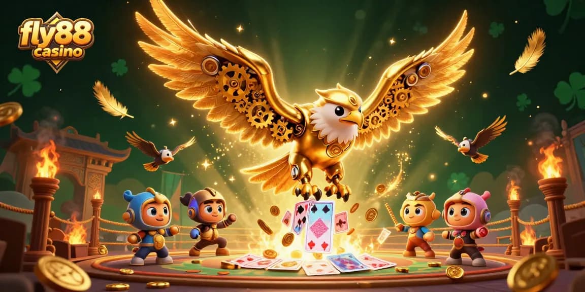 Engage with the thrills of fly88 casino, featuring a golden eagle amidst dynamic gaming elements and vibrant visuals.