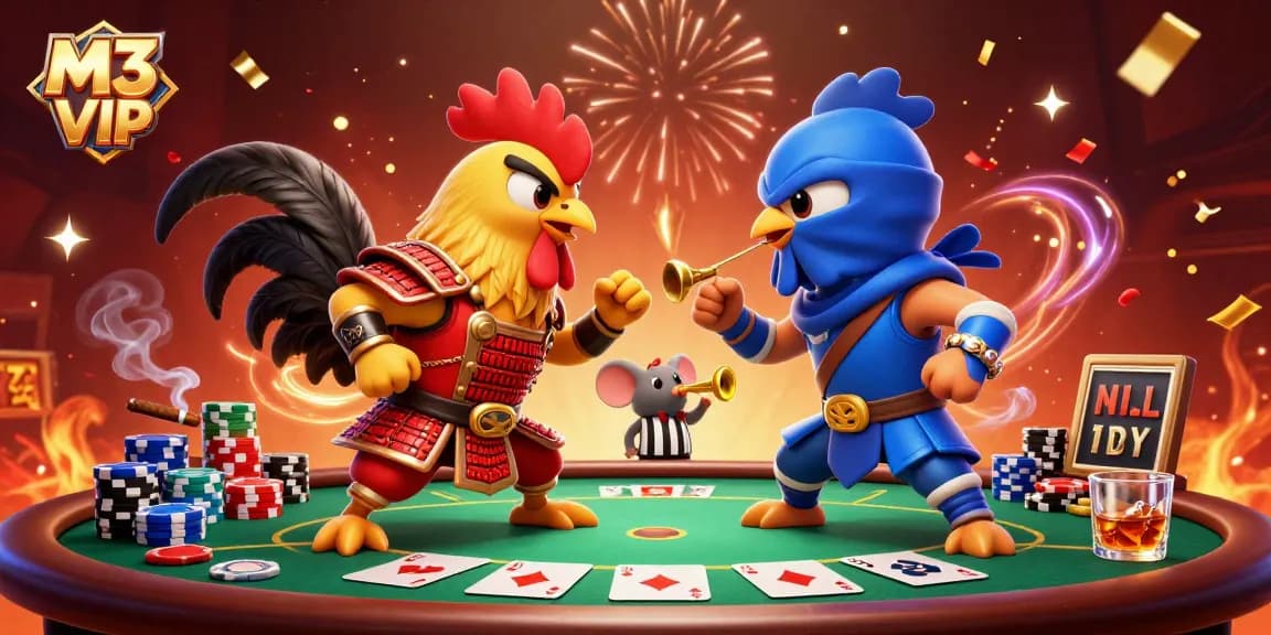 M3 VIP showcases dramatic rooster duel at a poker table with vibrant casino ambiance.
