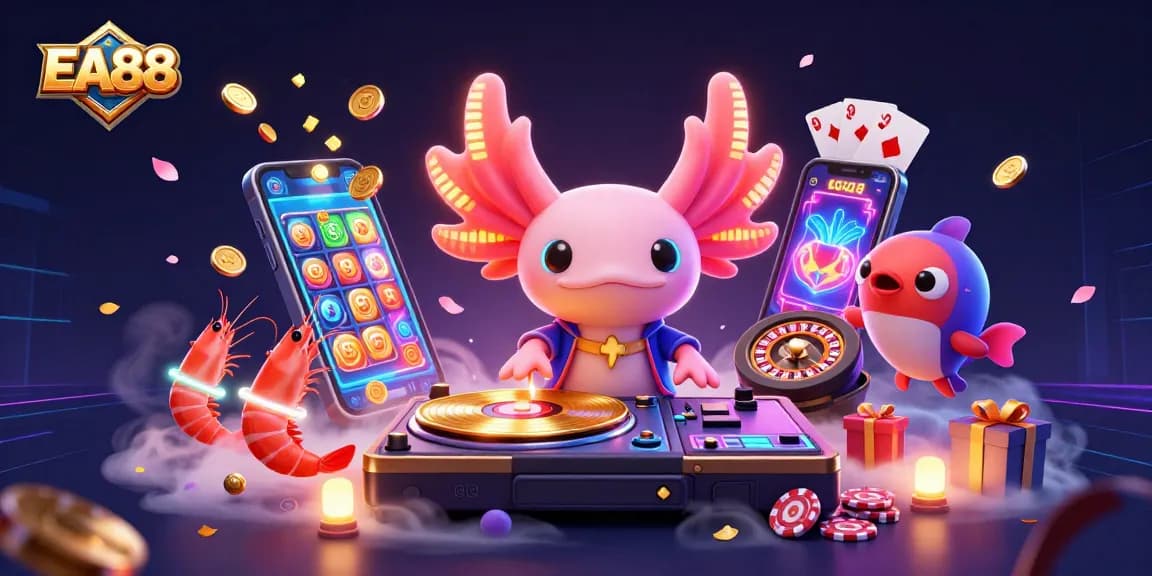 Experience the vibrant excitement of EA88 with a neon axolotl DJ in a dynamic casino scene featuring slot games.