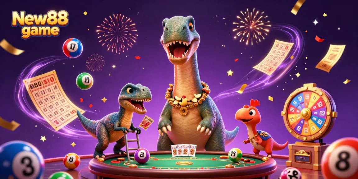Experience the excitement of New88 game with 3D characters and vibrant casino elements.