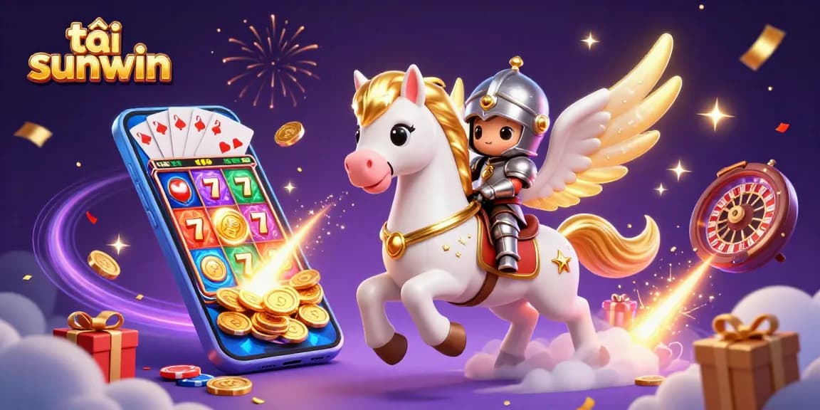 Engaging scene depicting tải sunwin with a celestial horse and knight amidst vibrant casino elements.