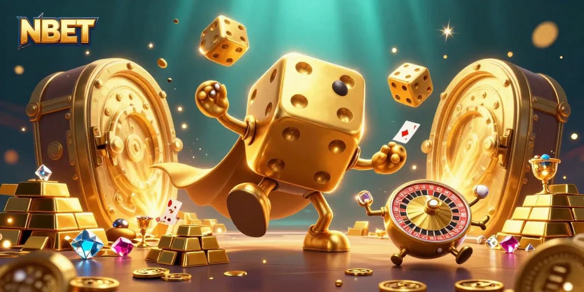 Join the NBET casino adventure with golden dice golem and sparkling treasures!