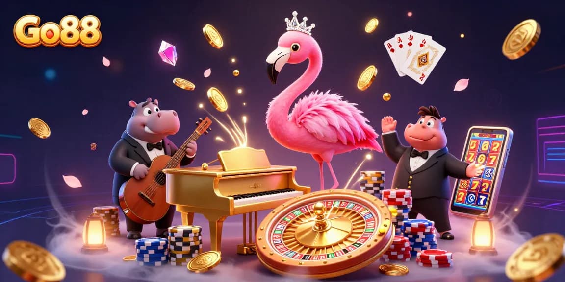 Experience the excitement of Go88 casino with animated characters and vibrant gaming elements