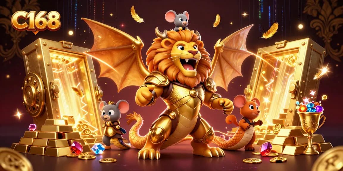 C168 shows a triumphantly roaring chimera and mouse jockey amid golden treasures, embodying the casino excitement.