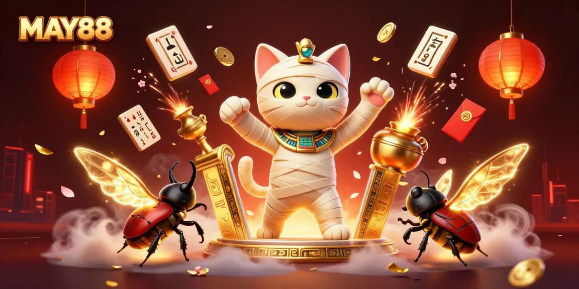 MAY88 captures excitement in a casino with an Egyptian mummy cat character and vibrant game elements.