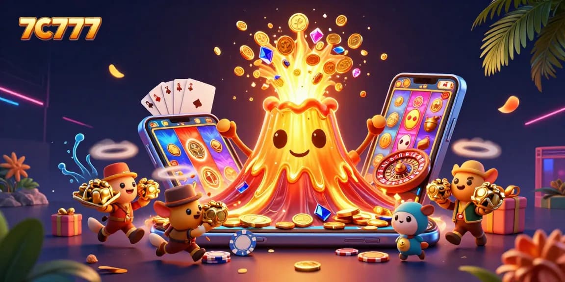 Spin with excitement at 7C777 as treasures erupt from a golden volcano in a vibrant casino scene.