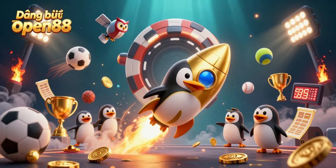Join the thrilling experience of Đăng ký open88 with a dynamic casino adventure led by a golden penguin.