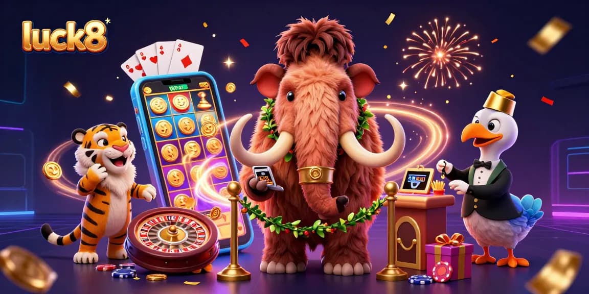 Immerse in luck8's vibrant casino world, featuring a woolly mammoth bouncer, saber-tooth guest, and slot games.
