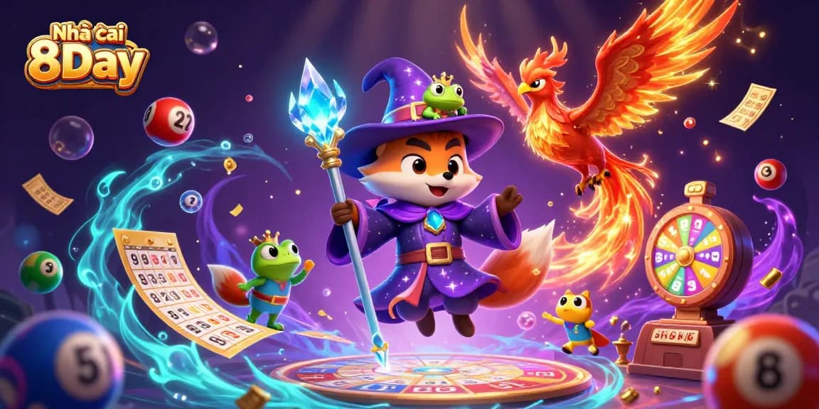 Experience the excitement at Nhà cái 8Day with vibrant lottery elements and mystical characters.