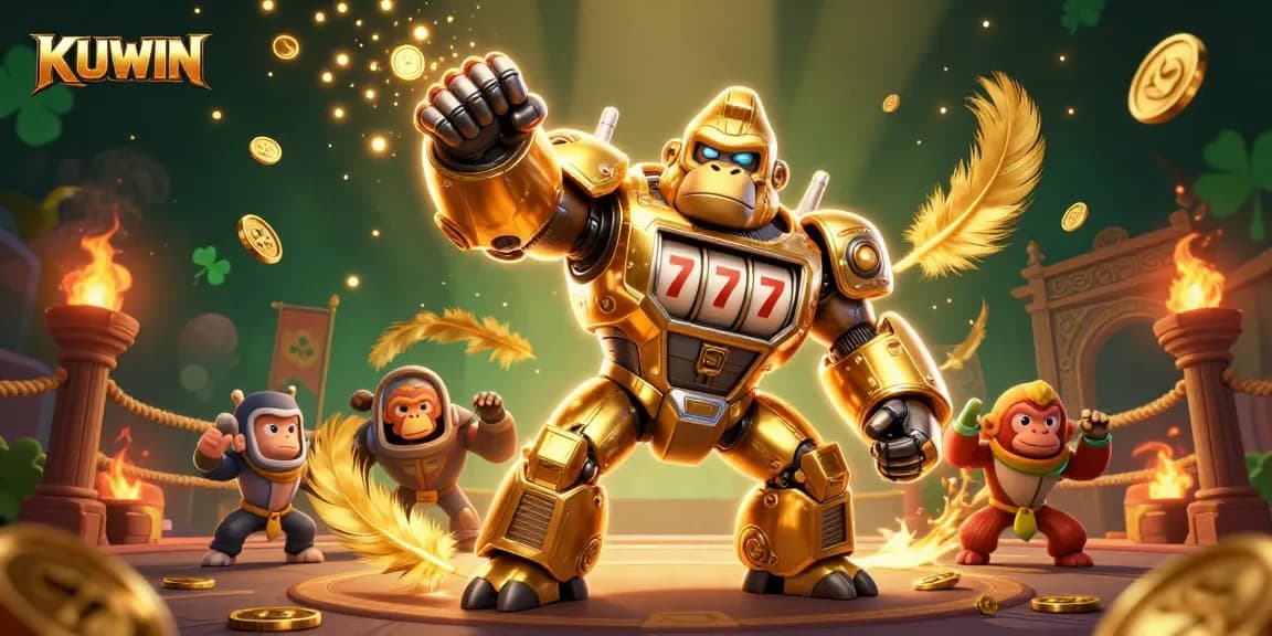 KUWIN gaming experience with a golden gorilla mech and dynamic casino elements showcasing excitement.