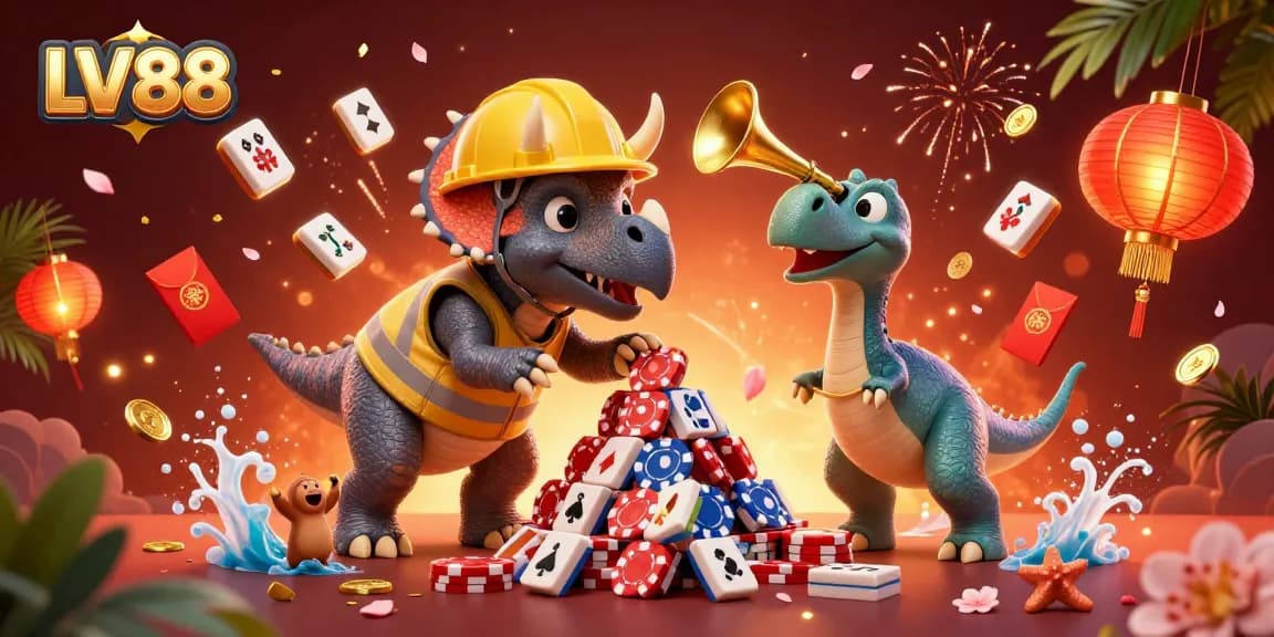 Experience LV88's vibrant gaming with triceratops stacking poker chips amid festive celebrations.
