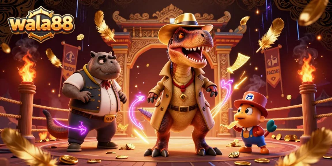 Experience thrilling action with wala88 at the cockfighting arena, where vibrant cartoon characters engage in a high-stakes gamble.