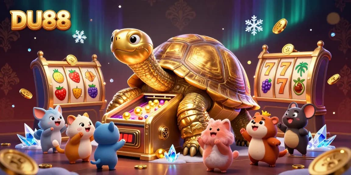 Experience the thrill of DU88 with a golden tortoise pinball machine amidst an exciting casino environment.