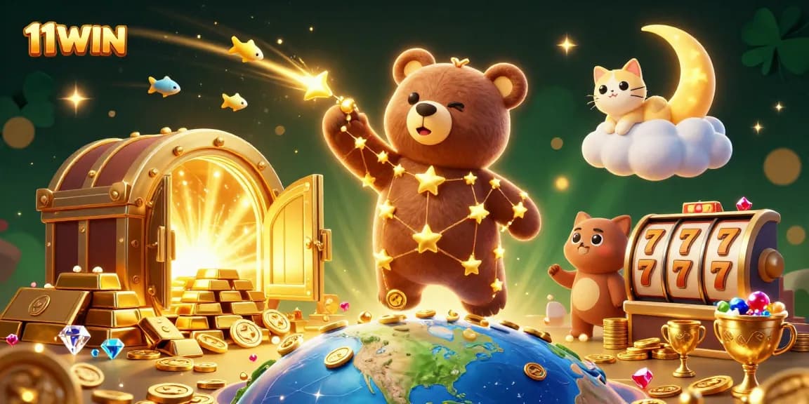 11WIN brings excitement with a celestial bear and slot machine elements in an engaging casino scene.