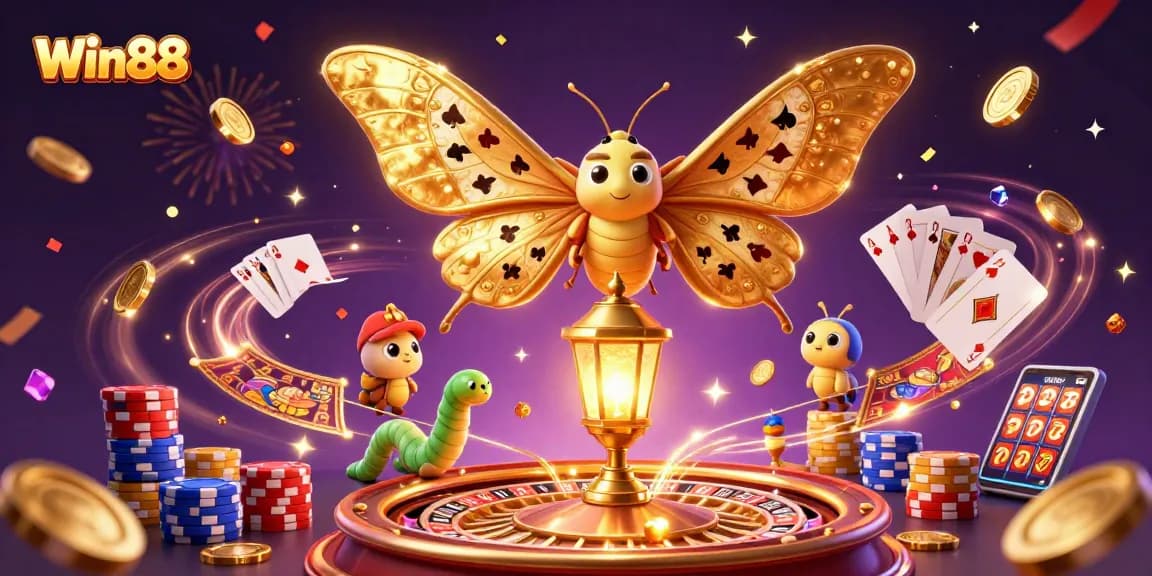 Unleash your luck with Win88's vibrant casino scene featuring captivating moths and gaming elements.