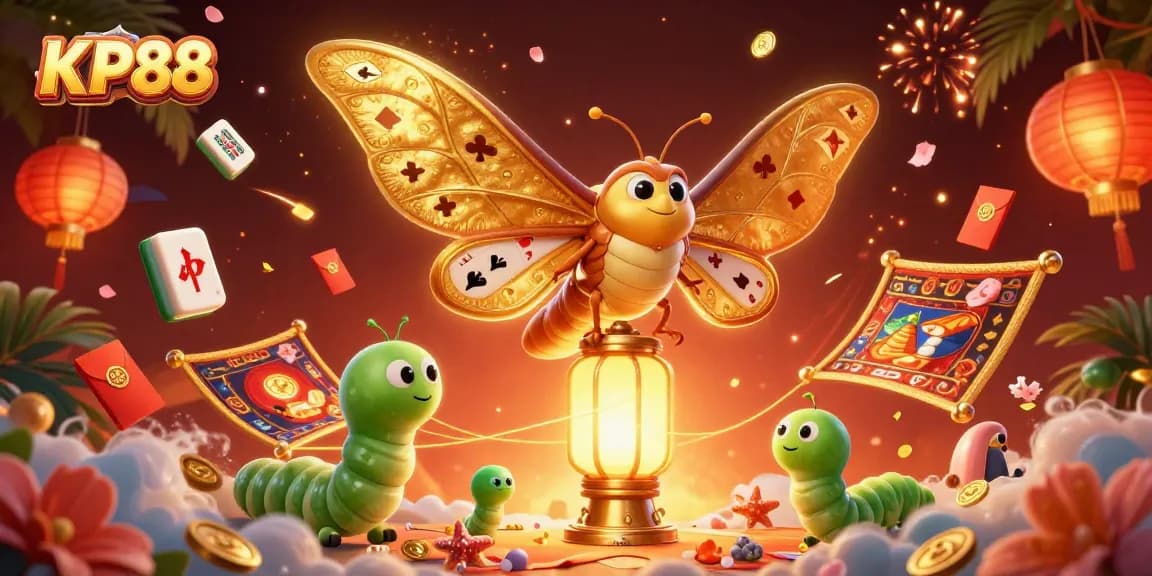 KP88 showcases a vibrant casino scene with an atlas moth and golden lanterns illuminating a world of gaming excitement.