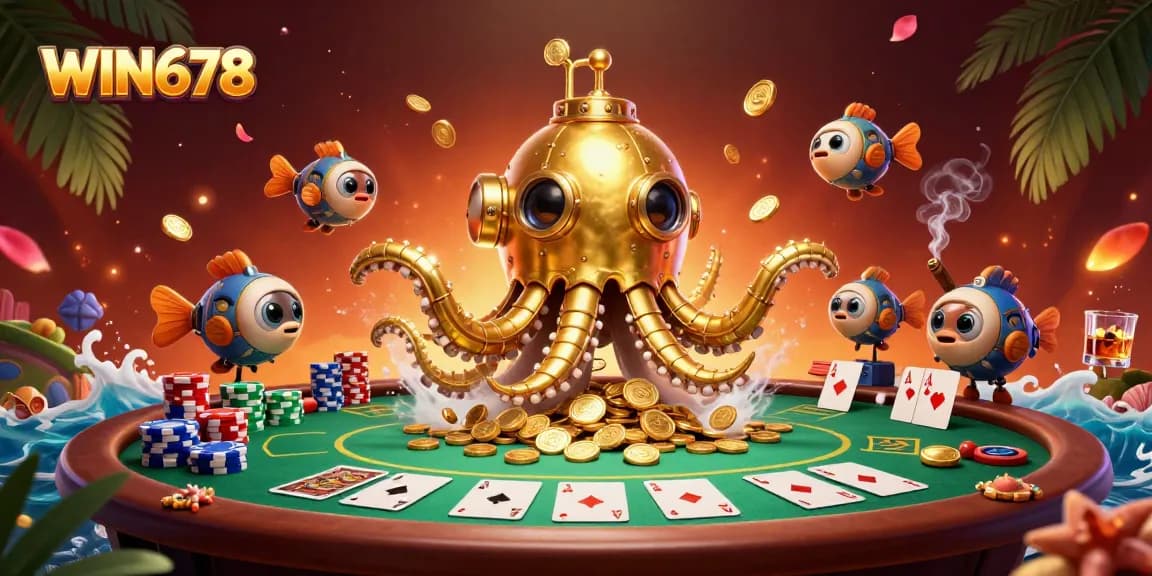 Engage in thrilling gameplay at WIN678 featuring a vibrant 3D scene with poker elements and golden treasures.