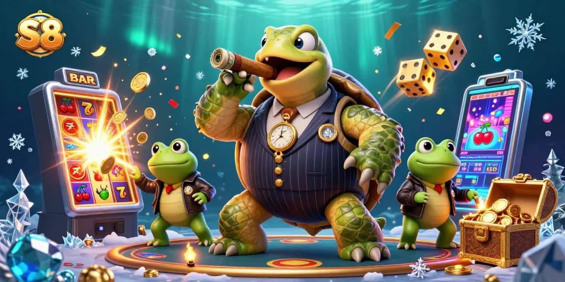 S8 jackpot scene featuring a cartoon turtle mobster with casino elements and vibrant lights.