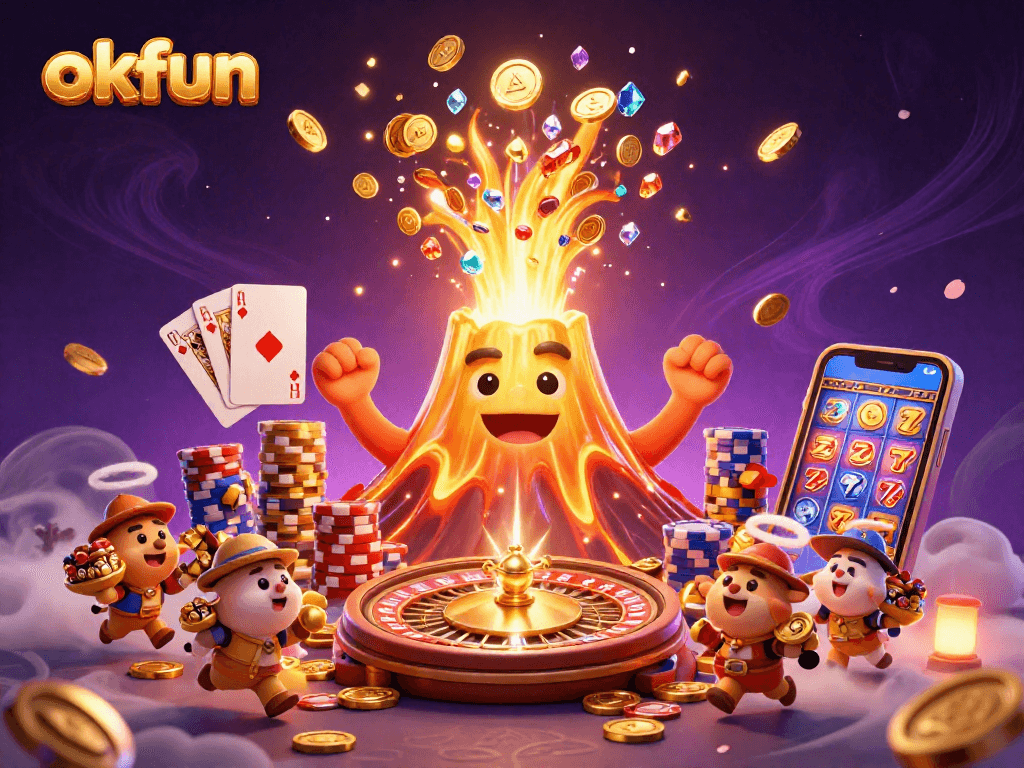 Enjoy thrilling wins at okfun with a dynamic 3D casino scene featuring gold coins and games.