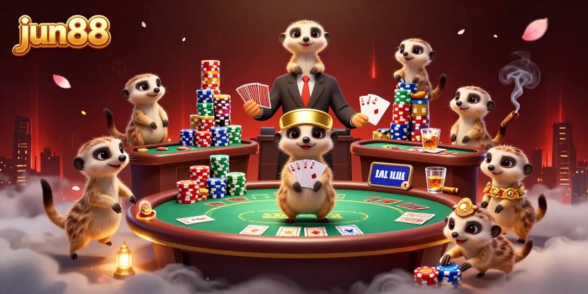 Experience the excitement of Jun88’s vibrant casino with meerkats running gaming activities.