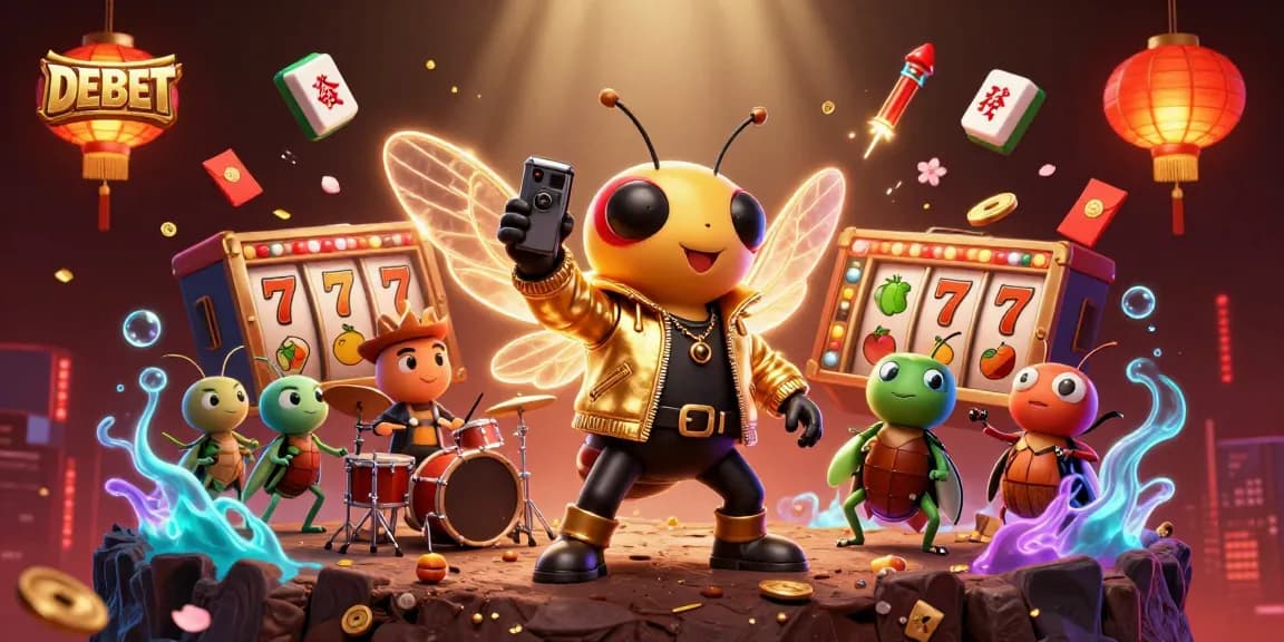 DEBET showcases thrilling slot experience with dynamic characters in a vibrant casino scene.